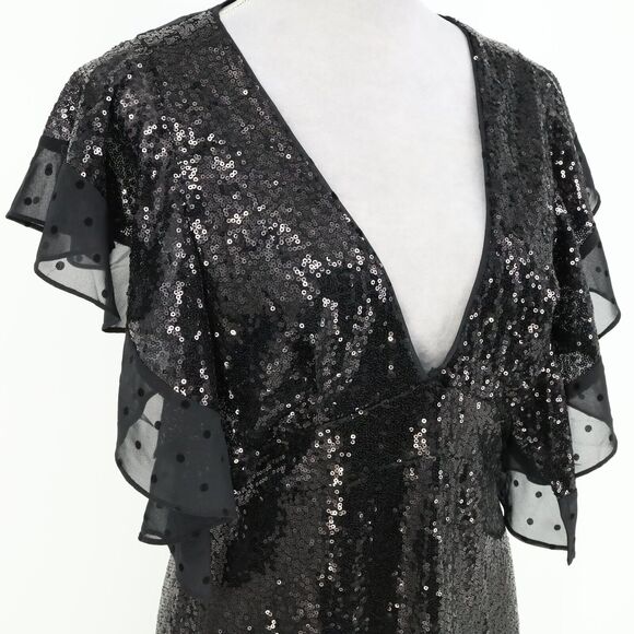 Lulus Dress Womens Large Black Sequins Lined Ruffle Sheer Back Side Zip Deep V - Picture 6 of 13
